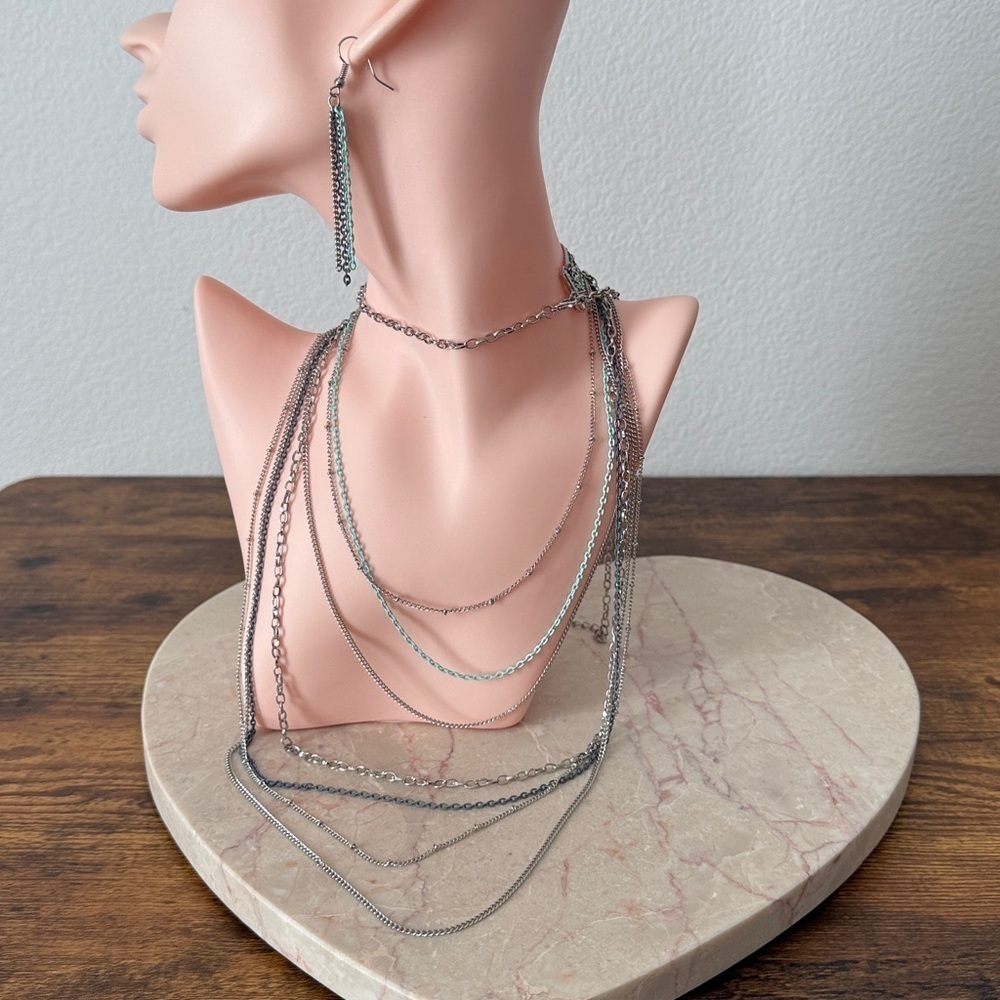Necklace & Earrings Silver Tone Boho Chain